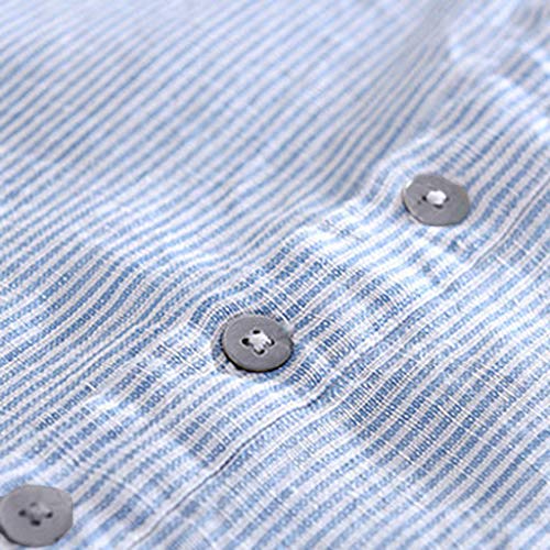 TUDUZ Camisetas Hombre Manga Corta Camisas de Algodón y Lino a Rayas Botón con Bolsillo Superior Top Ropa de Cuello V (Azul L)