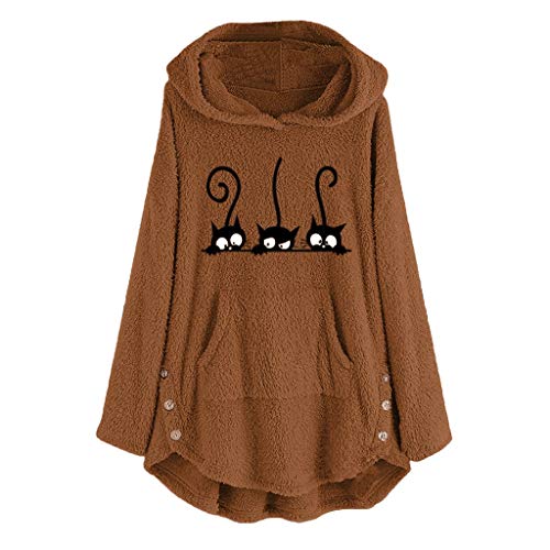 TUDUZ Sudadera con Capucha Mujer Jersey Acrílico Lana Gato Pijama Hoodie Botón Abrigo Cálido Talla Extra S-5XL (CaféB, M)