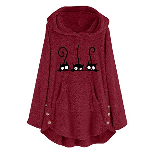 TUDUZ Sudadera con Capucha Mujer Jersey Acrílico Lana Gato Pijama Hoodie Botón Abrigo Cálido Talla Extra S-5XL (VinoB, M)