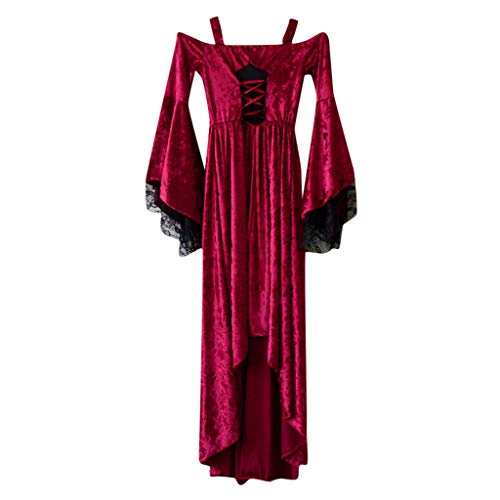 TUDUZ Vestido Mujer Manga Larga Retro Medieval Partido Princesa Renacentista Cordón Vestido De La Longitud del Piso (Vino, XXXXL)