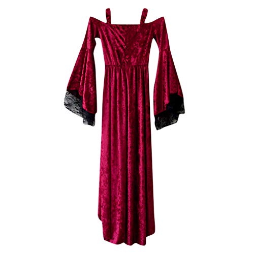 TUDUZ Vestido Mujer Manga Larga Retro Medieval Partido Princesa Renacentista Cordón Vestido De La Longitud del Piso (Vino, XXXXL)