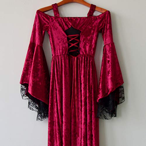 TUDUZ Vestido Mujer Manga Larga Retro Medieval Partido Princesa Renacentista Cordón Vestido De La Longitud del Piso (Vino, XXXXL)