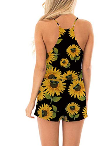 TUONROAD Mujer Monos Novedad Girasol Impresa Elegantes Jumpsuits Negro Sin Mangas Verano Corto Playsuits Pantalón V-Cuello Sexy Casual Fiesta Graduación Playa Rompers Disfraz - XL