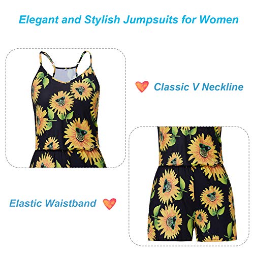 TUONROAD Mujer Monos Novedad Girasol Impresa Elegantes Jumpsuits Negro Sin Mangas Verano Corto Playsuits Pantalón V-Cuello Sexy Casual Fiesta Graduación Playa Rompers Disfraz - XL