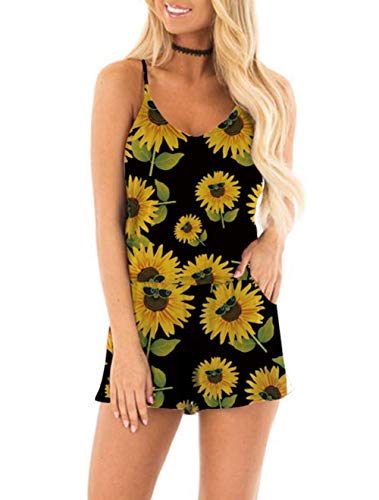 TUONROAD Mujer Monos Novedad Girasol Impresa Elegantes Jumpsuits Negro Sin Mangas Verano Corto Playsuits Pantalón V-Cuello Sexy Casual Fiesta Graduación Playa Rompers Disfraz - XL