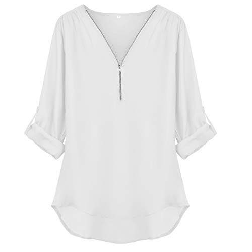 Tuopuda Blusas Camisetas de Gasa Ropa de Mujer Camisas Manga Ajustable Blusas Top (XXL, Blanco)