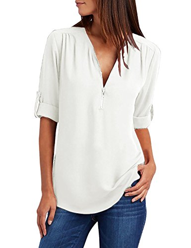 Tuopuda Blusas Camisetas de Gasa Ropa de Mujer Camisas Manga Ajustable Blusas Top (XXL, Blanco)