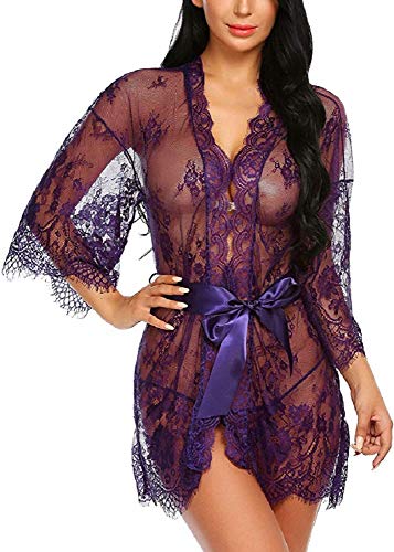 Tuopuda Mujer Bata Kimono Encaje Dormir Babydoll Camisón Malla y Tanga Conjunto y Cinturón