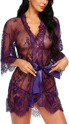 Tuopuda Mujer Bata Kimono Encaje Dormir Babydoll Camisón Malla y Tanga Conjunto y Cinturón
