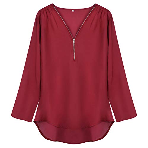 Tuopuda Mujer Blusas y Camisa Cuello V Camisetas Cremallera Gasa Blusas Sueltas Camisas de Manga Larga Ajustable Tops