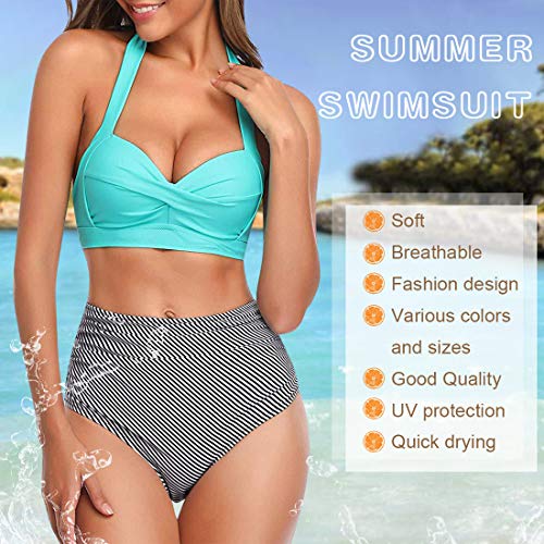 Tuopuda Mujer Retro Cintura Alta Conjunto de Bikini de Dos Piezas con Pliegues Halter Fruncido Push Up Arriba Trajes de baño Acolchados