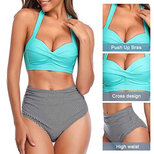 Tuopuda Mujer Retro Cintura Alta Conjunto de Bikini de Dos Piezas con Pliegues Halter Fruncido Push Up Arriba Trajes de baño Acolchados