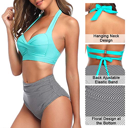Tuopuda Mujer Retro Cintura Alta Conjunto de Bikini de Dos Piezas con Pliegues Halter Fruncido Push Up Arriba Trajes de baño Acolchados