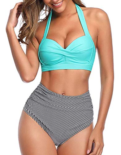 Tuopuda Mujer Retro Cintura Alta Conjunto de Bikini de Dos Piezas con Pliegues Halter Fruncido Push Up Arriba Trajes de baño Acolchados