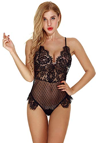 Tuopuda Sexy Ropa de Dormir Encaje Lenceria Conjuntos Ropa Interior Mujer Sexy Picardias Ropa Interior de Encaje V Body Halter Transparente Mini Bodydoll