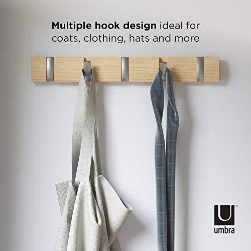 Umbra 318850-390 Perchero de pared con 5 ganchos extraíbles para varios abrigos, color madera, 50.8 x 6.5 x 3.1 cm,