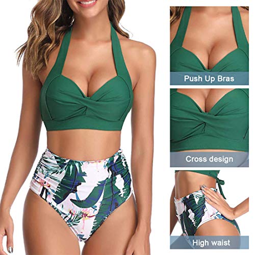 UMIPUBO Conjuntos de Bikini para Mujer Cintura Alta Push Up Traje de baño de Dos Piezas Cuello Halter Tirantes con Retro Ropa de Playa