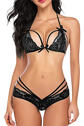 UMIPUBO Conjuntos de lencería Babydoll de Encaje para Mujer 2 Piezas Sujetador y Bragas Copa de Encaje Ropa de Dormir Cuello en V Encaje Babydoll Teddy Conjunto de camisón