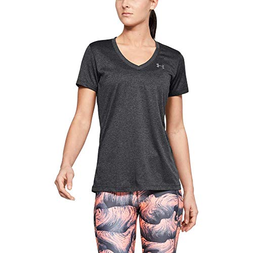 Under Armour Tech Short Sleeve V-Solid Camiseta, Mujer, Gris (Carbon Heather/Metallic Silver), M
