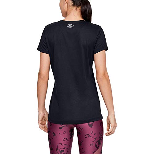Under Armour Tech Short Sleeve V-Solid Camiseta, Mujer, Negro (Black/Metallic Silver), XL