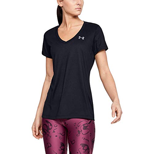 Under Armour Tech Short Sleeve V-Solid Camiseta, Mujer, Negro (Black/Metallic Silver), XL