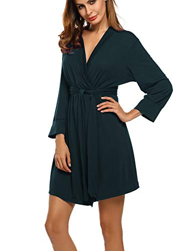 UNibelle Bata corta para mujer, de algodón, fina, manga 3/4, kimono, bata de sauna, bata negligee con cuello en V verde oscuro S