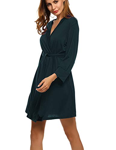 UNibelle Bata corta para mujer, de algodón, fina, manga 3/4, kimono, bata de sauna, bata negligee con cuello en V verde oscuro S