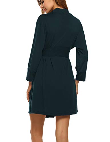 UNibelle Bata corta para mujer, de algodón, fina, manga 3/4, kimono, bata de sauna, bata negligee con cuello en V verde oscuro S