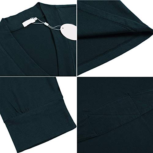 UNibelle Bata corta para mujer, de algodón, fina, manga 3/4, kimono, bata de sauna, bata negligee con cuello en V verde oscuro S