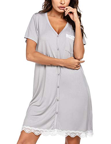 UNibelle – Camisa de noche para mujer, de manga corta, informal, con botón abierto gris claro S