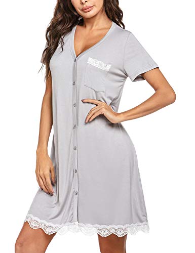 UNibelle – Camisa de noche para mujer, de manga corta, informal, con botón abierto gris claro S