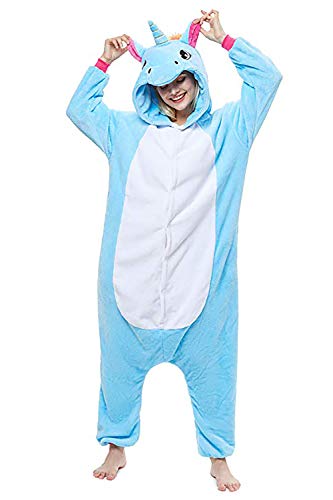 Unicornio Pijamas Cosplay Unicorn Disfraces Animales Franela Monos Unisex-Adulto Ropa de Dormir Disfraces de Fiesta (XL, Azul)