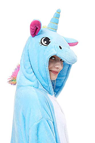 Unicornio Pijamas Cosplay Unicorn Disfraces Animales Franela Monos Unisex-Adulto Ropa de Dormir Disfraces de Fiesta (XL, Azul)