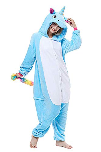 Unicornio Pijamas Cosplay Unicorn Disfraces Animales Franela Monos Unisex-Adulto Ropa de Dormir Disfraces de Fiesta (XL, Azul)
