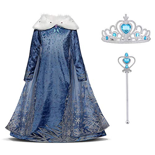 URAQT Disfraz de Elsa, Vestido de Princesa Elsa, Vestido de Copo de Nieve de Encaje Fino con Varita de Hada y Tiara de Corona, para Cumpleaños, Fiesta de Navidad de Halloween