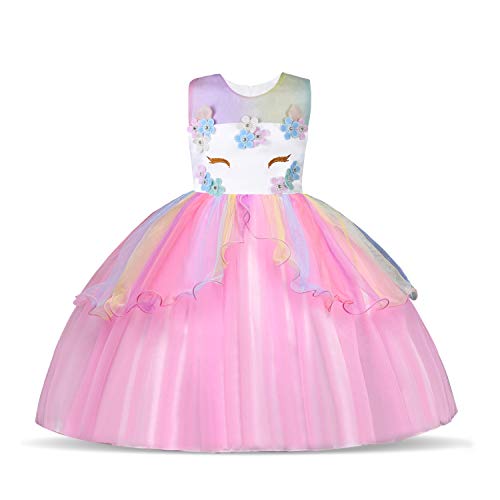 URAQT Disfraz de Unicornio, Vestido de Princesa Unicornio para Niñas, Vestido Elegante con Collar/Diadema para Cumpleaños/Cosplay/Boda, Edad 2-10 Años (Rosado, 3-4 años)