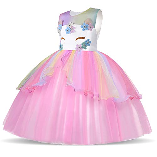 URAQT Disfraz de Unicornio, Vestido de Princesa Unicornio para Niñas, Vestido Elegante con Collar/Diadema para Cumpleaños/Cosplay/Boda, Edad 2-10 Años (Rosado, 3-4 años)