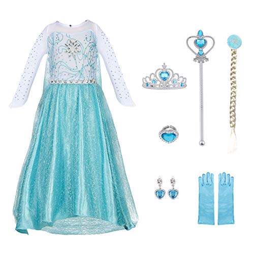 URAQT Vestido de Elsa, Disfraz de Princesa Elsa con Varita Corona Accesorios, Vestido de Cosplay de Niñas para Carnaval, Halloween y la Fiesta de Cumpleaños