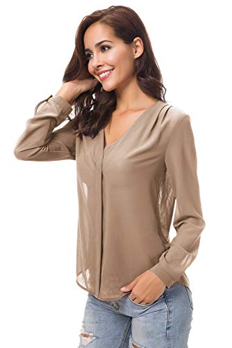 Urban GoCo Blusa de Gasa con Escote en V Mangas Largas y el Dobladillo en el Hombro para Mujeres (L, Camello)