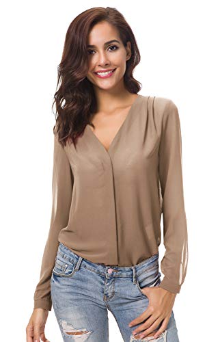 Urban GoCo Blusa de Gasa con Escote en V Mangas Largas y el Dobladillo en el Hombro para Mujeres (L, Camello)