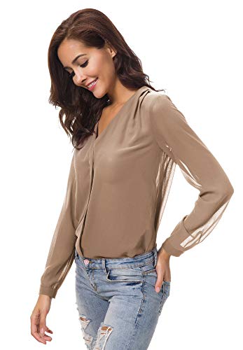 Urban GoCo Blusa de Gasa con Escote en V Mangas Largas y el Dobladillo en el Hombro para Mujeres (L, Camello)