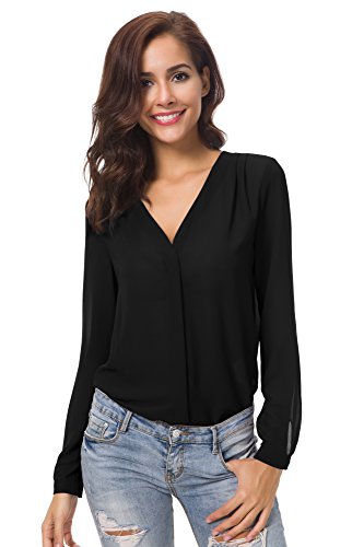 Urban GoCo Blusa de Gasa con Escote en V Mangas Largas y el Dobladillo en el Hombro para Mujeres (L, Negro)