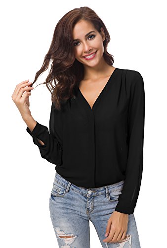 Urban GoCo Blusa de Gasa con Escote en V Mangas Largas y el Dobladillo en el Hombro para Mujeres (L, Negro)