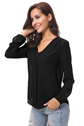 Urban GoCo Blusa de Gasa con Escote en V Mangas Largas y el Dobladillo en el Hombro para Mujeres (M, Negro)