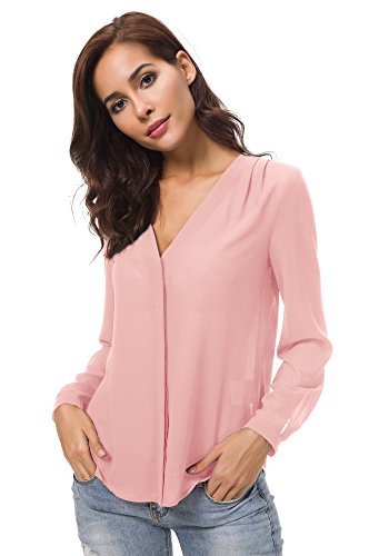 Urban GoCo Blusa de Gasa con Escote en V Mangas Largas y el Dobladillo en el Hombro para Mujeres (M, Rosa)