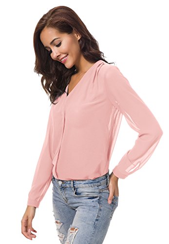 Urban GoCo Blusa de Gasa con Escote en V Mangas Largas y el Dobladillo en el Hombro para Mujeres (M, Rosa)