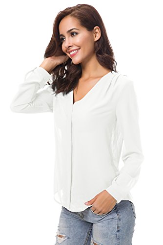 Urban GoCo Blusa de Gasa con Escote en V Mangas Largas y el Dobladillo en el Hombro para Mujeres (S, Blanco)