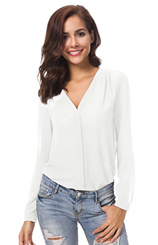 Urban GoCo Blusa de Gasa con Escote en V Mangas Largas y el Dobladillo en el Hombro para Mujeres (S, Blanco)