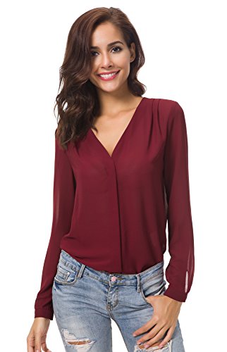 Urban GoCo Blusa de Gasa con Escote en V Mangas Largas y el Dobladillo en el Hombro para Mujeres (S, Vino Rojo)