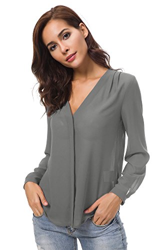 Urban GoCo Blusa de Gasa con Escote en V Mangas Largas y el Dobladillo en el Hombro para Mujeres (XL, Gris)